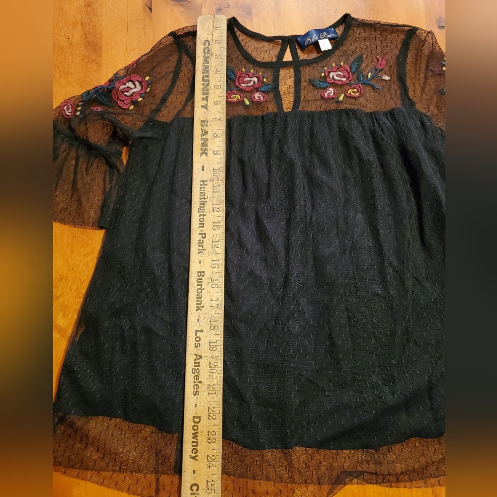 Black Tulle Babydoll Blouse with floral embroidery sz Small Blue Rain Francesca - Picture 7 of 9